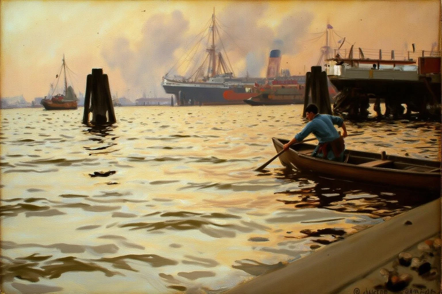 anderszorn1 painting.
A bustling harbor scene at dawn or dusk. The water, slightly choppy, shimmers with golden sunlight reflecting off the surface, blending deep blues and golds. On the right, a man rows a small boat. Large steamships are visible in the background. <lora:anderszorn2_cap_d6a3:1.0><lora:836649098284286821:0>