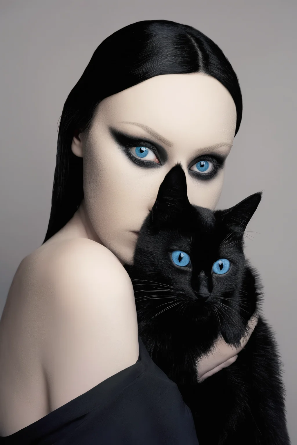 <lora:Photographer Flora Borsi Style:1>Photographer Flora Borsi Style - a woman with blue eyes and a black cat on her shoulder and a black cat on her shoulder