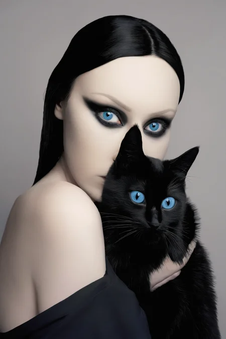 <lora:Photographer Flora Borsi Style:1>Photographer Flora Borsi Style - a woman with blue eyes and a black cat on her shoulder and a black cat on her shoulder