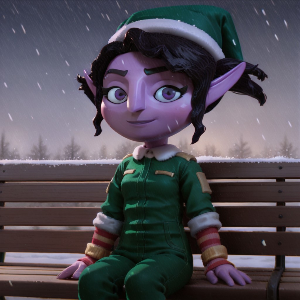 score_9, score_8, score_7, break, 1girl, black hair, hat, pointy ears, purple skin, elf suit, sitting, bench, smile, looking at viewer, snowing, natural lighting