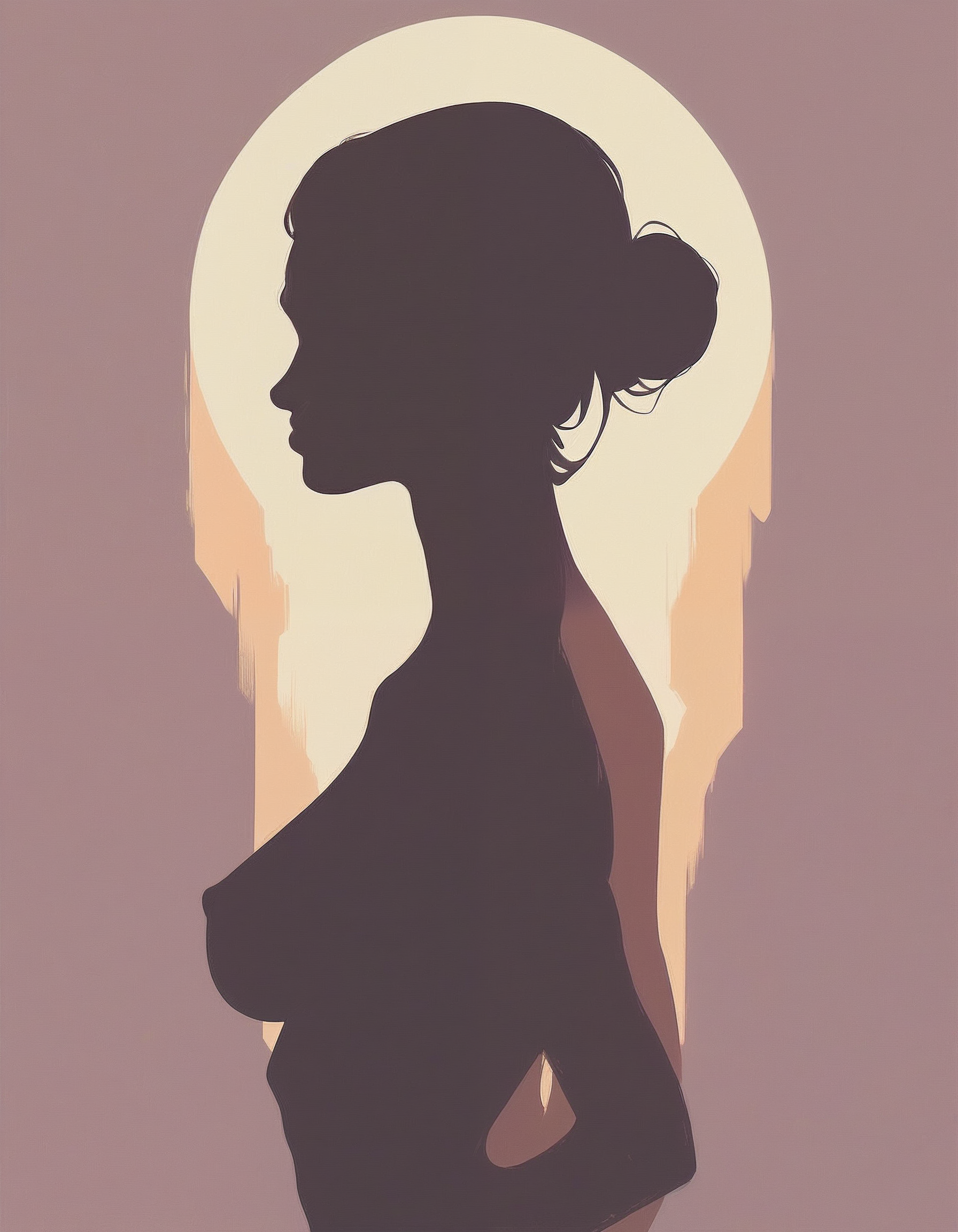 score_9_up, score_8_up, score_7_up, score_6_up, score_5_up, score_4_up, minimalistic, flat color, no lineart, 1girl, side view, silhouette, hair bun, perfect body, nude, naked, large breasts, hard nipple, simple colorful background