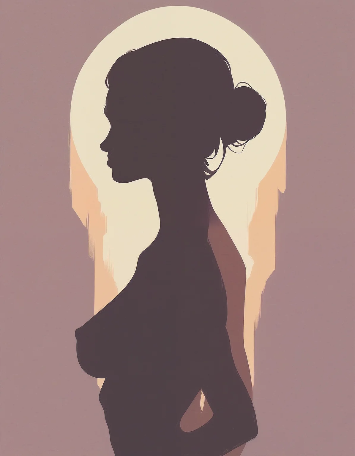 score_9_up, score_8_up, score_7_up, score_6_up, score_5_up, score_4_up, minimalistic, flat color, no lineart, 1girl, side view, silhouette, hair bun, perfect body, nude, naked, large breasts, hard nipple, simple colorful background
