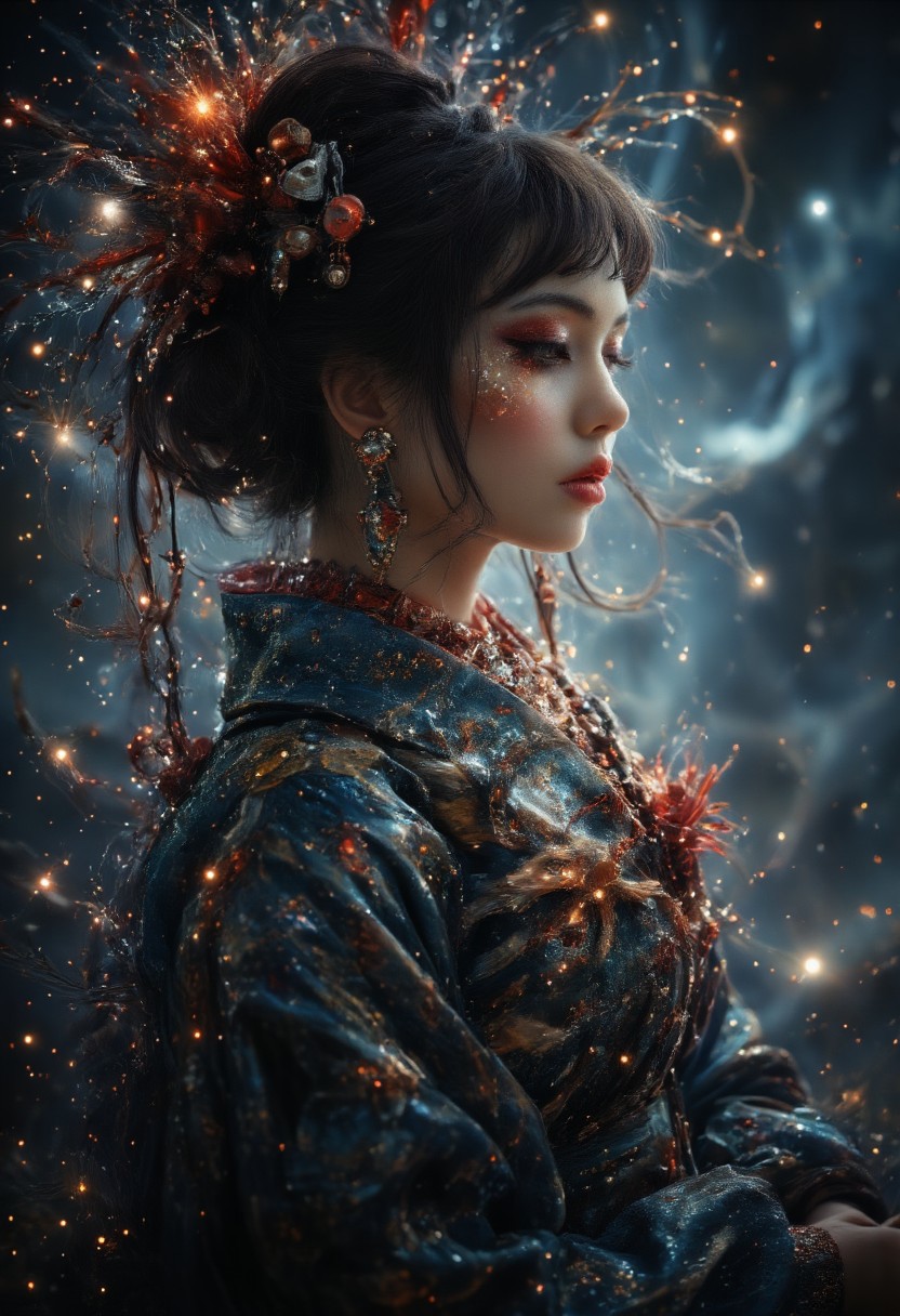 aidmaGlow, Midjourney_Whisper, noc-space, image stunningJapanese princess, long loose hair, dark eyeshadow, bangs, hair ornaments, necklaces, earrings, sumptuous flowing dress, BREAK.  background of swirling stardust and nebula gas