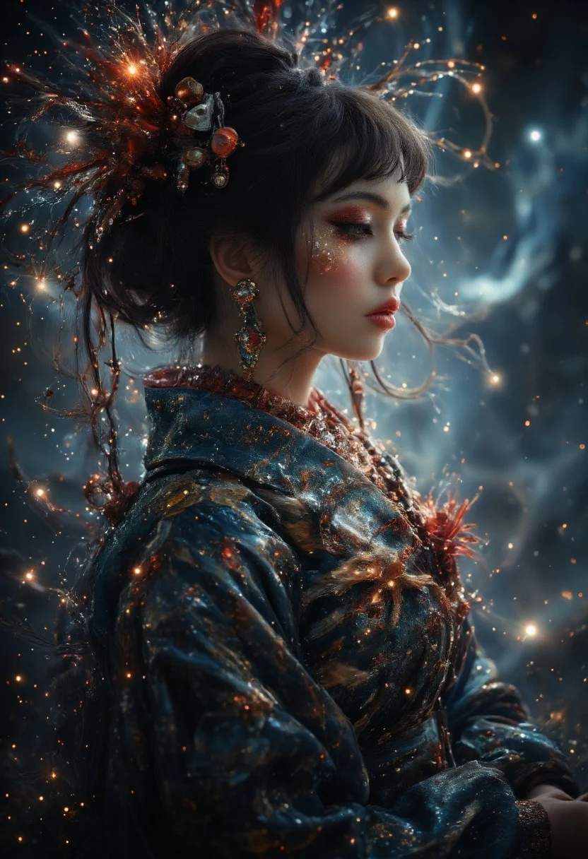 aidmaGlow, Midjourney_Whisper, noc-space, image stunningJapanese princess, long loose hair, dark eyeshadow, bangs, hair ornaments, necklaces, earrings, sumptuous flowing dress, BREAK. background of swirling stardust and nebula gas