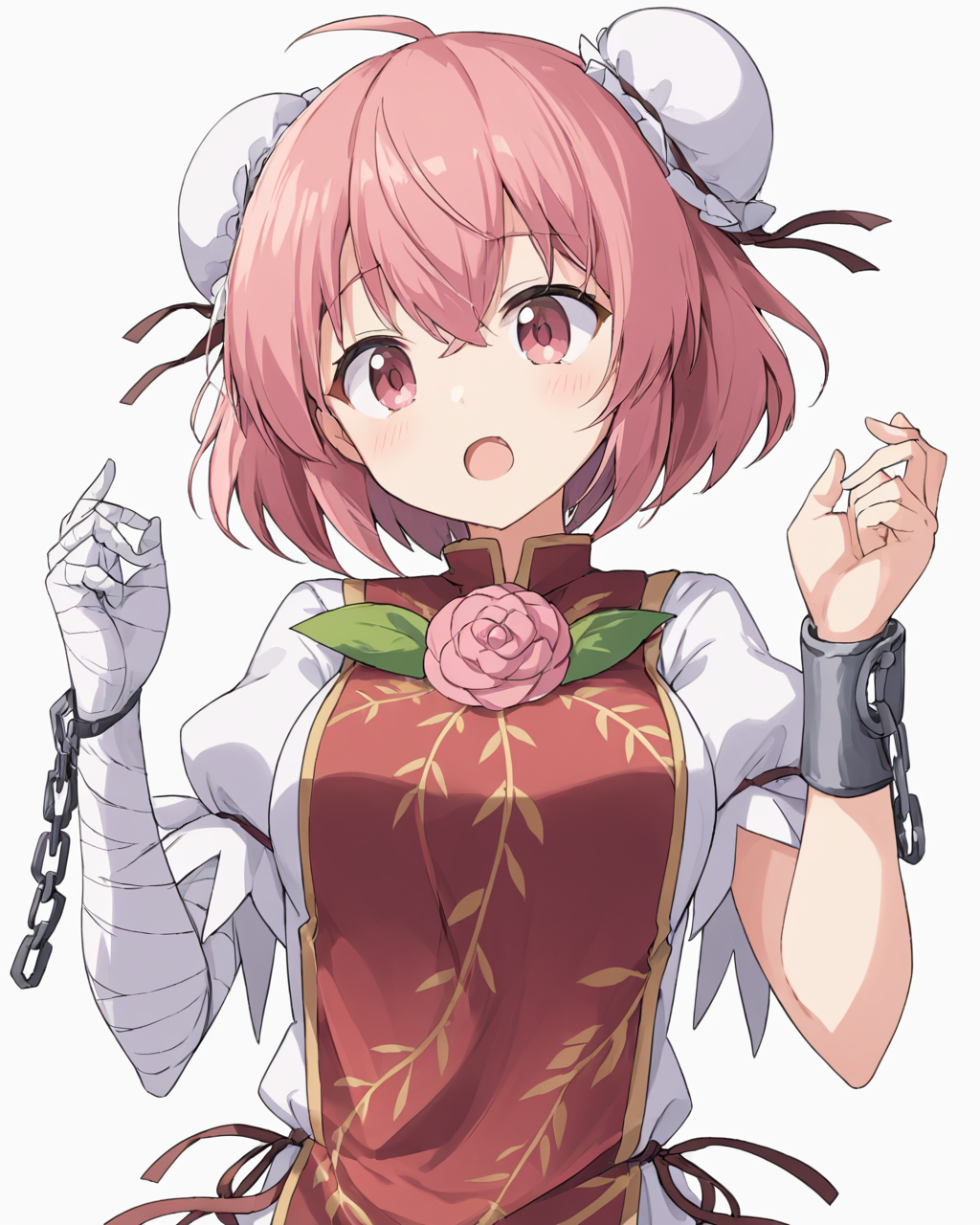 ibaraki kasen,1girl, solo, double_bun, shackles, white_background, bandaged_arm, upper_body, open_mouth, simple_background, bun_cover, puffy_short_sleeves, looking_at_viewer, pink_rose, chain, medium_breasts, tabard, teeth, white_shirt
<lora:ibaraki_kasen_image2781_2023-12-20:1>,star-shaped_pupils,symbol-shaped_pupils,. gorgeous,key visual, vibrant, studio anime,award-winning, professional, highly detailed,high budget, cinemascope