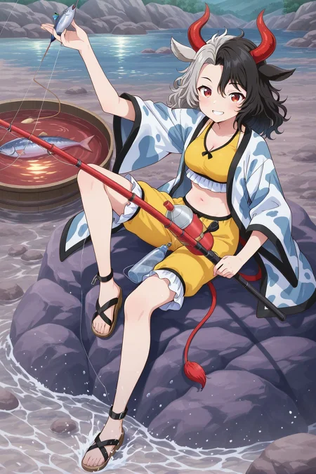 absurdres, highres, masterpiece, best quality, amazing quality, official anime artwork, screencap, anime screencap,
from above, sitting, fishing rod, rock, water, see, fish, looking at viewer, grin,
<lora:Urumi-Ushizaki_Illustrious:1> ushizaki urumi, 1girl, solo, red eyes, two-tone hair, black hair, grey hair, long hair, cow ears, cow horns, red horns, cow tail,, japanese clothes, cow print, crop top, cleavage, haori, wide sleeves, yellow shorts, frilled shorts, sandals, holding, string,