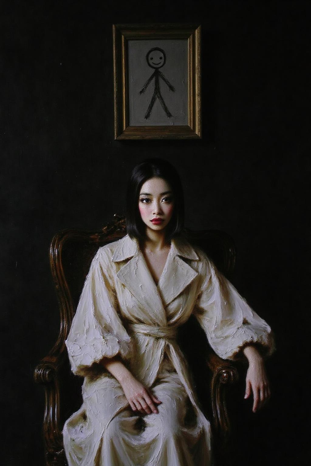 talo1 painting.
Close up of a woman seated on an antique, dark wooden chaise longue. The woman is of East Asian descent with a fair complexion and black, straight hair styled in a sleek bob. She is dressed in an avant-garde, white, oversized coat with voluminous sleeves that are tied in a dramatic, asymmetrical knot. 
The background is a deep, dark black, creating a dramatic contrast with the woman's outfit and the light source. Above her, on the dark wall, hangs a classical painting--except, instead of a traditional scene, it is a crayon drawing, done by a child. The crayon drawing features a simple stick figure with a round head, straight lines for arms and legs, and a big smile. 
 <lora:talo1_cap_d6a3e15:1.0><lora:828773562782438901:0>