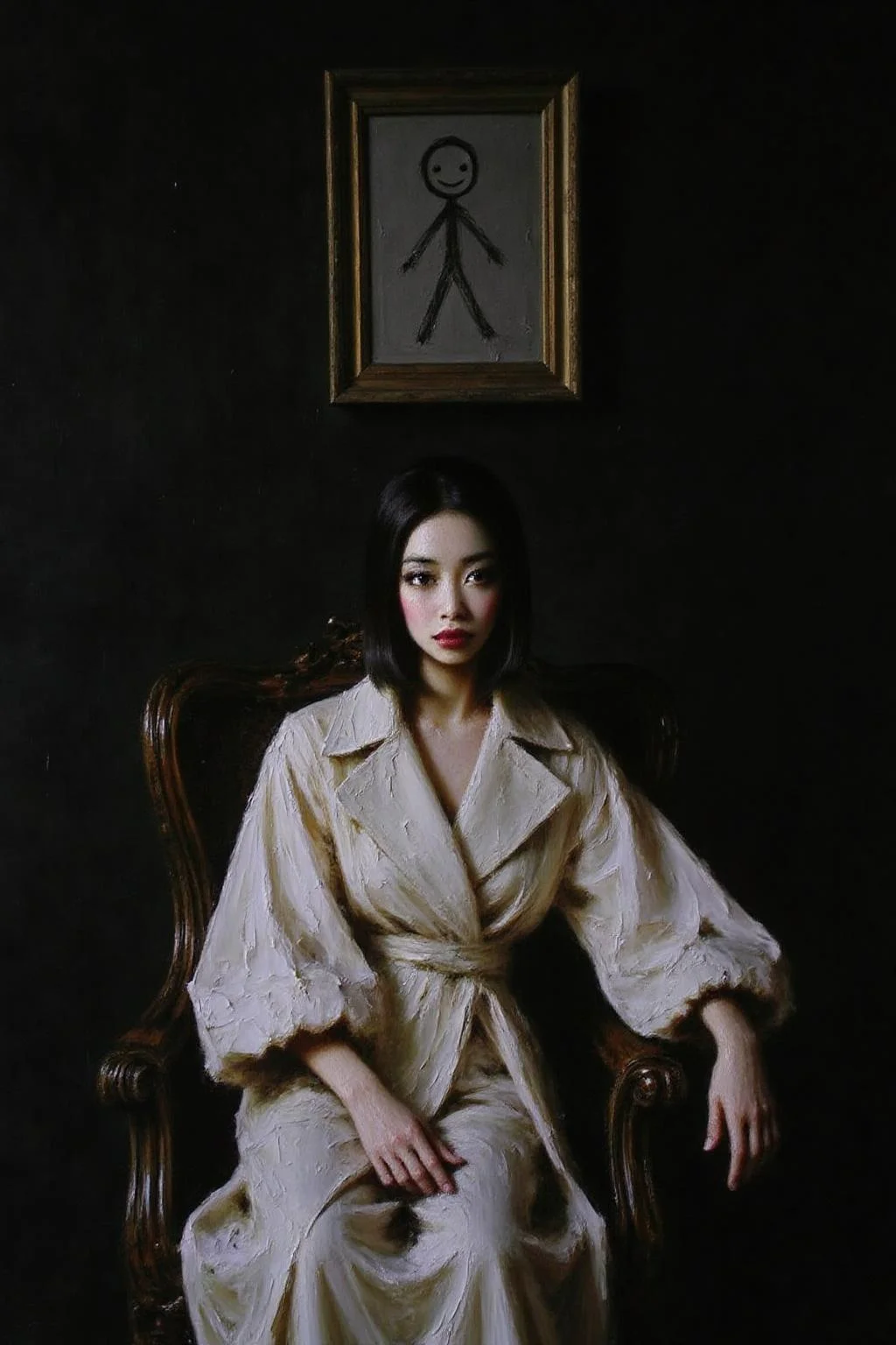 talo1 painting.
Close up of a woman seated on an antique, dark wooden chaise longue. The woman is of East Asian descent with a fair complexion and black, straight hair styled in a sleek bob. She is dressed in an avant-garde, white, oversized coat with voluminous sleeves that are tied in a dramatic, asymmetrical knot. 
The background is a deep, dark black, creating a dramatic contrast with the woman's outfit and the light source. Above her, on the dark wall, hangs a classical painting--except, instead of a traditional scene, it is a crayon drawing, done by a child. The crayon drawing features a simple stick figure with a round head, straight lines for arms and legs, and a big smile. 
 <lora:talo1_cap_d6a3e15:1.0><lora:828773562782438901:0>