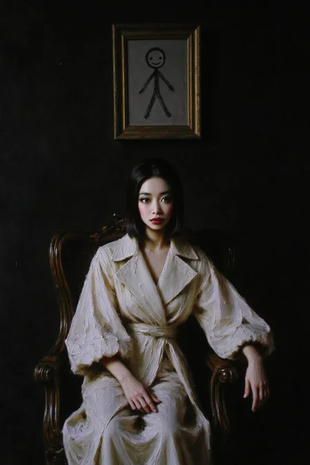 talo1 painting.
Close up of a woman seated on an antique, dark wooden chaise longue. The woman is of East Asian descent with a fair complexion and black, straight hair styled in a sleek bob. She is dressed in an avant-garde, white, oversized coat with voluminous sleeves that are tied in a dramatic, asymmetrical knot.
The background is a deep, dark black, creating a dramatic contrast with the woman's outfit and the light source. Above her, on the dark wall, hangs a classical painting--except, instead of a traditional scene, it is a crayon drawing, done by a child. The crayon drawing features a simple stick figure with a round head, straight lines for arms and legs, and a big smile.
<lora:talo1_cap_d6a3e15:1.0><lora:828773562782438901:0>