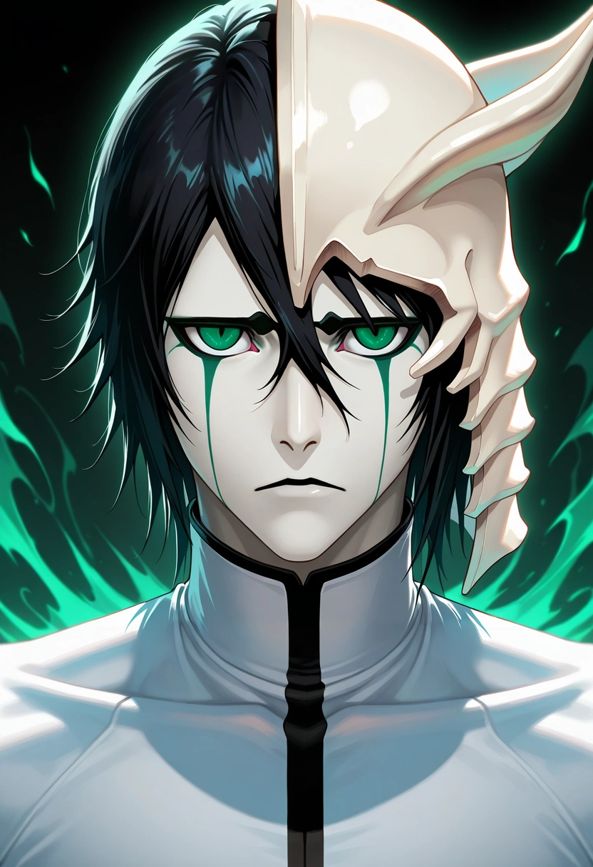 masterpiece, best quality, intricate details, (photorealistic:0.6), looking at viewer, , 1boy, solo, male focus, <lora:ulquiorra_cifer_ilxl:0.9>, ulquiorra_cifer, black hair, green eyes, facial mark, hair between eyes, arrancar, mask, short hair, ,