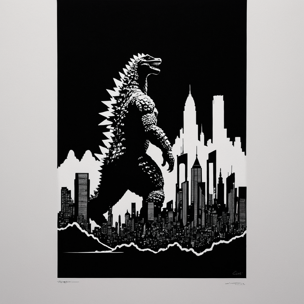 PStyl3, cityscape, negative space, godzilla, abstract,  <lora:Maximalist_Drawing_BW-000014:0.7>