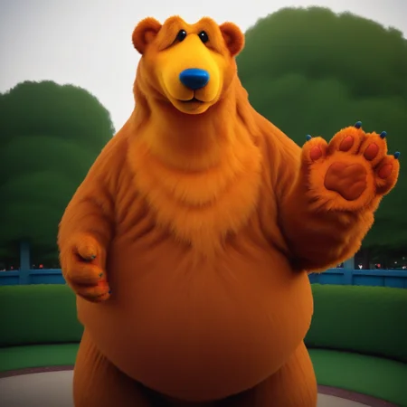 big bear, big belly, realistic, big figure, high quality, no nipples, blue nose, very tall, looking at viewer, waving hand paw, in a park