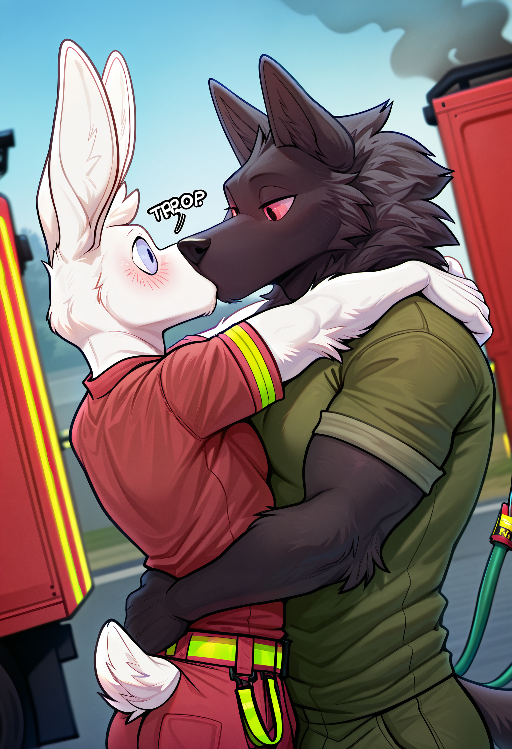 photorealism, photorealistic, chromatic aberration, depth of field, detailed background, eye reflections, reflections, detailed fur,   dutch angle, solo, 1boy, male, no humans, tail, male focus, dutch angle, duo, 2boys, hug, kiss, sky_(i_think_i_like_you), look at another, furry, furry male, animal ears, rabbit ears, white fur, shirt, tail, rabbit tail, blue eyes, shy, size difference, BREAK leon_(i_think_i_like_you), furry, furry male, animal ears, wolf ears, bara, black fur, muscular male, red eyes, fireman, firefighter, fire suppression, fire hose, fire truck, flirty expression, seductive glance, lying, clothed, steam, sound effect, look at another,   masterpiece, best quality, amazing quality, very aesthetic, absurdres, newest,   (artist:syuro:0.8), (artist:nomax:0.5), (artist:honovy:0.6), (artist:kenket:0.6), (artist:taran fiddler:0.6),  <lora:Sky_I_Think_I_Like_You_Illustrious:1.0>, <lora:Leon_I_Think_I_Like_You_Illustrious:1.0>,