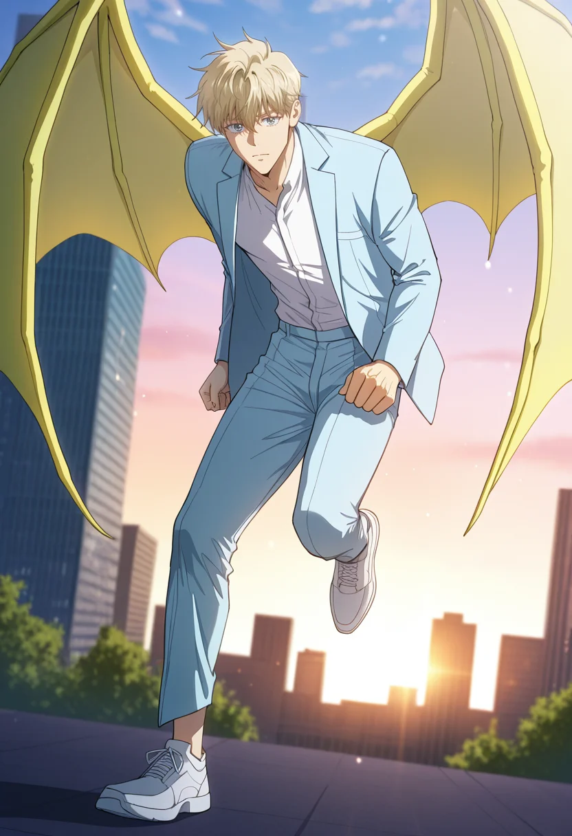 masterpiece, best quality, amazing quality,high resolution,official style,depth of field,anime coloring , , , 1boy, solo, male focus, <lora:Noah_Luire:0.95>,  noah luire,blonde hair,grey eyes,short hair,white shirt,blue jacket,collared shirt,looking at viewer,full body,blue pants,shoes,dragon wings,yellow wings,building, pose,transformation