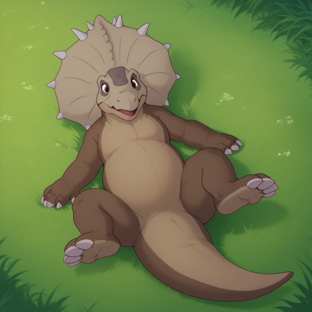 score_9, score_8_up, score_7_up, score_6_up, score_5_up, score_4_up, source_furry, thicknoselbt, feral, male,dinosaur, crest, spikes, Pachyrhinosaurus, brown skin, brown eyes, lying, in a grassy field