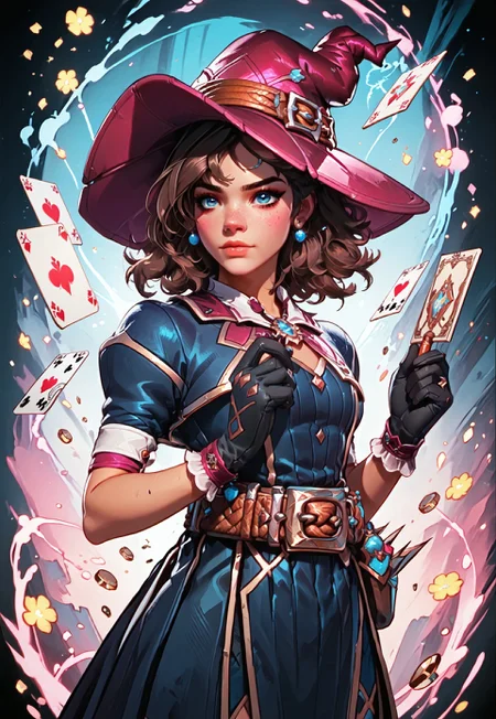 ((zPDXL3)), ((masterpiece,best quality, highly detailed)), ((score_9)), score_8_up, score_7_up, score_6_up, score_5_up, score_4_up, Digital painting style, brushstrokes, ((EnhanceImage)), solo, 1girl, witchkiri, brown hair, blue eyes, gloves, (witch hat), pink and blue clothes, tarot cards, belt,
Expressiveh, 30yo, 
chinese magical sorceress, animated, magical accessories, evoking motion, conveying motion, dynamic splash art, ((handfixer)), four fingers, one thumb, detailed background, 
<lora:PainterlyFantasiaPDXL:0.6>,
