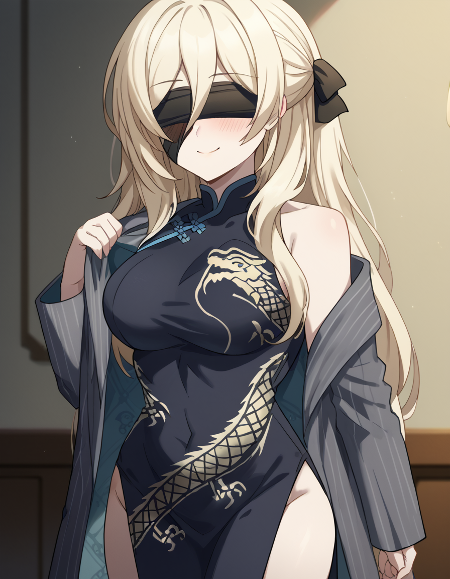 score_9, score_8_up, score_7_up, source_anime, <lora:sword-maiden-s2-ponyxl-lora-nochekaiser:1>, sword maiden, long hair, bangs, blonde hair, blindfold, covered eyes, black blindfold, large breasts, <lora:blue-archive-kisaki-cosplay-ponyxl-lora-nochekaiser:1>, blue archive kisaki cosplay, kisaki (blue archive) (cosplay), dragon print, china dress, print dress, chinese clothes, pinstripe jacket, sleeveless turtleneck dress, cosplay, vertical-striped jacket, pinstripe pattern, pelvic curtain, striped coat, grey coat, black dress, sleeveless dress,, indoors, from side, blush, smile,, cowboy shot, looking at viewer