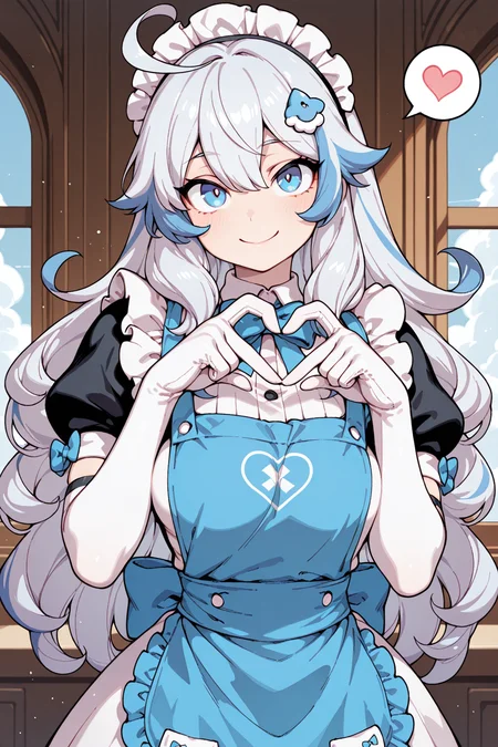 masterpiece, best quality, amazing quality, 1girl, solo,
ahoge,apron,blue apron,blue bow,blue eyes,blue hair,bow,closed mouth,cloud hair ornament,dress,elbow gloves,gloves,grey hair,heart,heart hands,long hair,looking at viewer,maid,maid apron,maid headdress,multicolored hair,short sleeves,smile,spoken heart,streaked hair,white dress,white gloves,