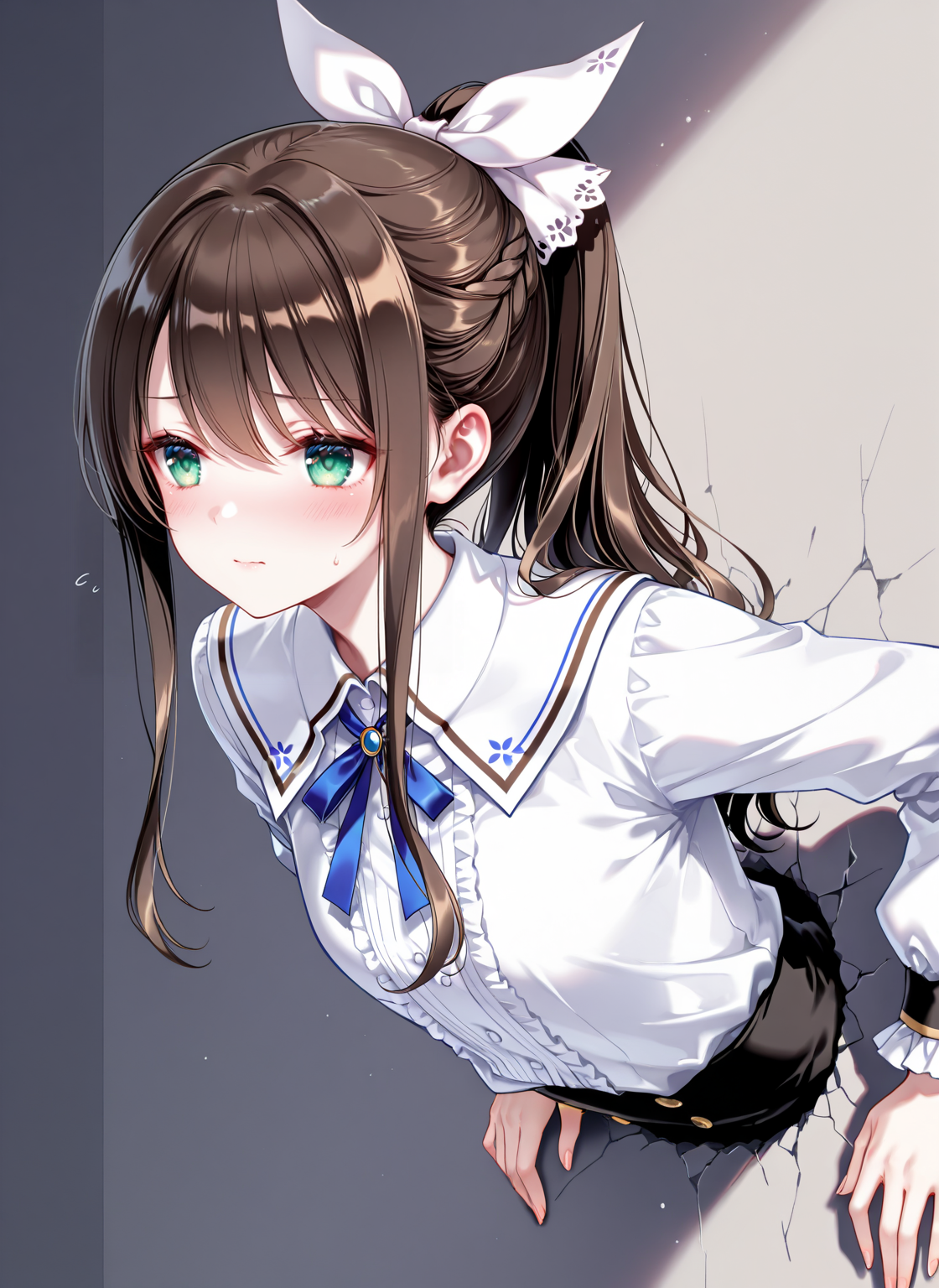 masterpiece,best quality,newest,absurdres,highres,soft shadows,year2024,mutou kurihito,(kimishima ao:0.7),(hiten \(hitenkei\):0.4),(sheya:0.4),
<lora:MisakiXLNAI:1>,ensemble style,misaki(ensemble),1girl,ponytail,white ribbon,brown hair,green eyes,blush,
through wall,lying,,upper body,stuck,<lora:throughwallsideXLNAI:1>,