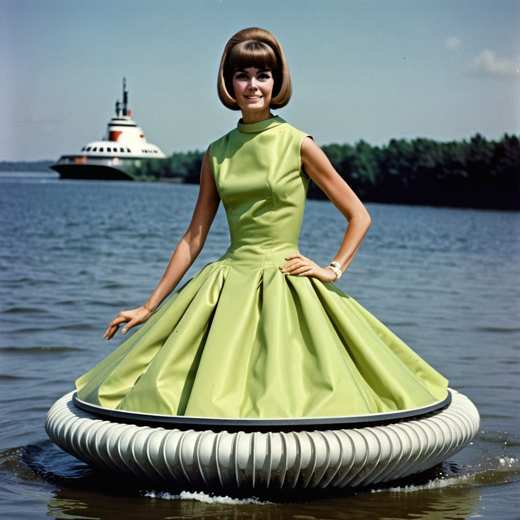 1960s color photograph of A woman wearing a hovercraft dress