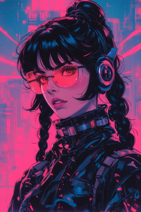 futurediff, futuremadness,cyborg, robot, Vintage Anime Scene, (cyberpunk girl like a samurai in the style of Conrad Roset, Nicola Samori), ultra realistic, (arbitrarily beautiful:1.4), full body, sexy female, (shiny black hair, long braids, neon glasses),jisosmile