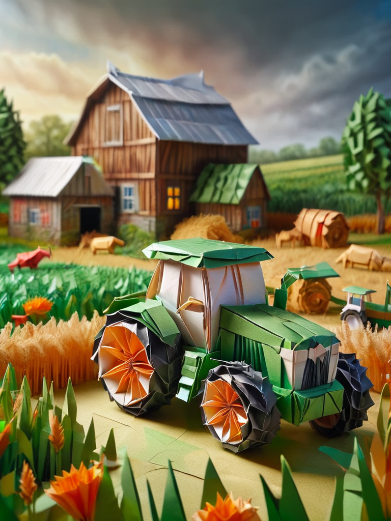 ral-orgmi, a origami paper tractor in a field with a barn in the background <lora:ral-orgmi-sdxl:1>