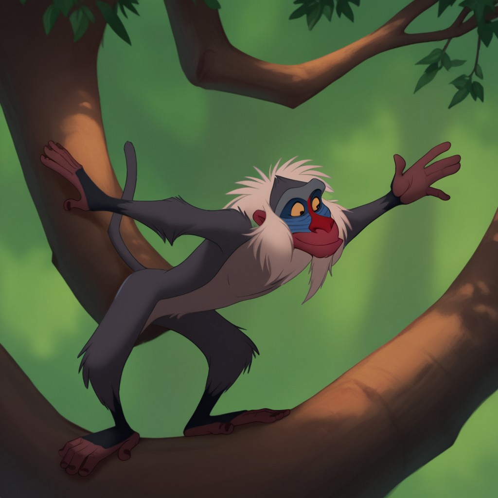 score_9, score_8_up, score_7_up, score_6_up, score_5_up, score_4_up, source_furry, rafikiLK, semi-anthro, male, primate, monkey, grey fur, white hair, black eyes, yellow sclera,  forest, hanging from tree branch