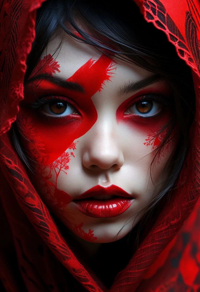 Close-up face, mysterious silhouette of an exotic girl in worn down clothing, red cosmetic over face goddess, alluring, by Minjae Lee, Carne Griffiths, Emily Kell, Steve McCurry, Geoffroy Thoorens, Aaron Horkey, Jordan Grimmer, Greg Rutkowski, amazing depth, double exposure, surreal, geometric patterns, intricately detailed, bokeh, perfect balanced, deep fine borders, artistic photorealism , smooth, great masterwork by Suiras <lora:add-detail-xl:2> <lora:Double_Exposure:0.5>