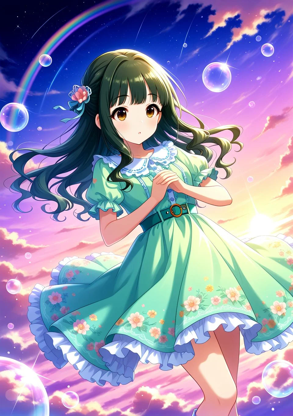 sfw, general,
<lora:Fujii_Tomo_1607655:0.6>, fujii tomo, brown eyes, dark green hair, long hair,
idolmaster, idolmaster cinderella girls, green dress, floral embroidery dress, pastel colors, colorful, star \(sky\), night sky,
<lora:soap-bubble-fantasy-04:0.7>, soap bubble background fantasy, rainbow bubbles,
<lora:on_cloud_v1_illustrious_d:0.7>, on_cloud, cloud, <lora:brightness_slider:-1>,, BREAK
masterpiece, best quality, amazing quality, very aesthetic, absurdres, newest,
<lora:Eyes_High_Definition:0.6>, eyesHD, high gradient eyes, detailed eyes, high definition eyes,
<lora:LECO_Particles:1>,
BREAK, general, dutch angle, oblique view, dynamic pose,