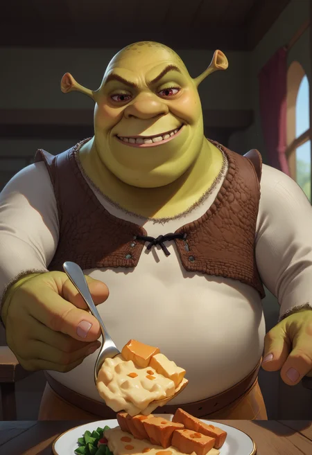 score_9, score_8_up, score_7_up, 1boy, incoming food, holding spoon, <lora:IncomingFood_pdxl_Incrs_v2:1>, pov across table, <lora:Shrek_XLPD:1> shrek, green skin, smirk, confident,