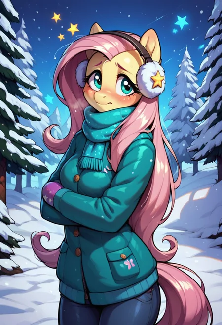 score_9, score_8_up, score_7_up, score_6_up, semi-realistic artwork, detailed background, high quality, vibrant colors, best quality rendering, intricate details, high resolution, sharp focus, best render quality, (background-winter forest, snow, night, stars, glowing stars), close up view, focus on face,
1girl, solo, Fluttershy (anthro pony), 18 yo, long hair, narrow shoulders, skinny, shiny skin, small perky breasts,
wearing a winter coat, scarf, mittens, fluffy winter earmuffs,
dynamic pose, shivering,
shy, blush, blushing, embarrassed, looking back at viewer, hot breath,