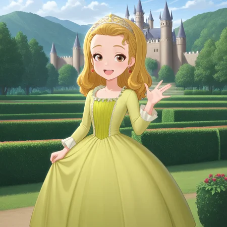 masterpiece, best quality, amb_stf, tiara, blonde hair, earrings, brown eyes, dress, waving, outdoors, castle, natural lighting, garden