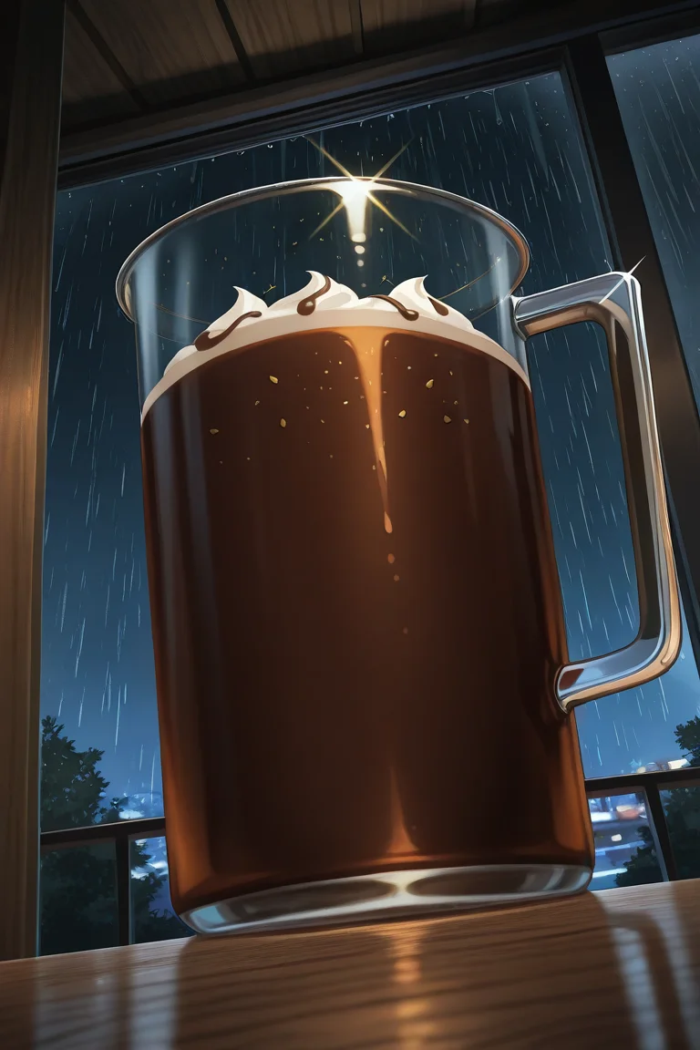 realistic shading, dark, dim lighting, food focus, dafoodie, sparkling food focus, sparkle, hot chocolate in glass, ceiling, outdoors, night sky, raining, dutch angle, dynamic angle, intricately detailed illustration, depth of field, atmospheric perspective, masterpiece, best quality, amazing quality, very aesthetic, absurdres, newest
