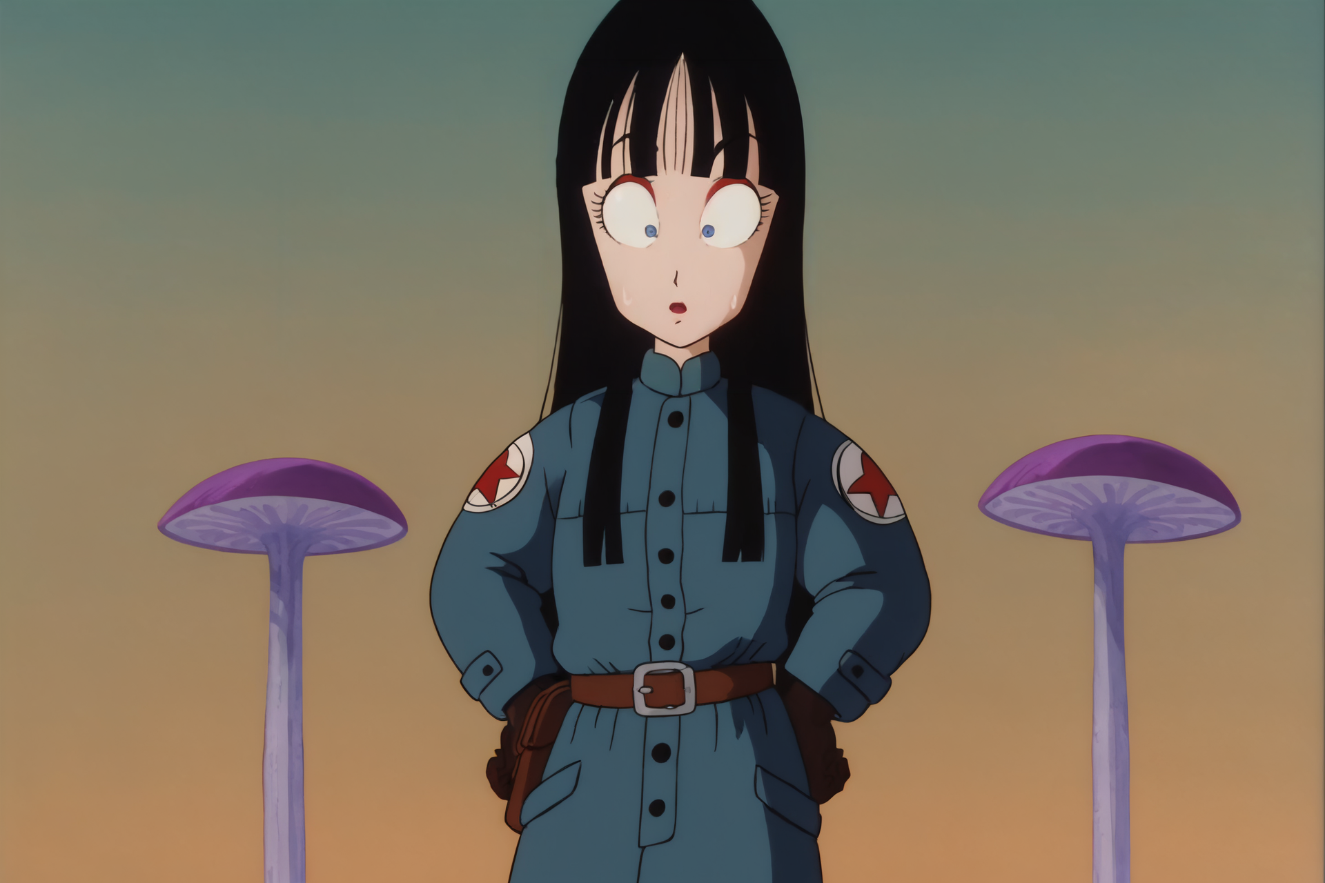 source_anime, score_9, score_8_up, score_7_up, anime screencap,8k, absurd res,
mai \(dragon ball\), solo, long hair, bangs, black hair, belt, blunt bangs, sweatdrop, glowing, tree, hands on hips, dark, 1980s \(style\), anime coloring, blue coat, constricted pupils, gloves, pouch, raised eyebrows, retro artstyle, military uniform, military, upper body, wide-eyed, symbol, star symbol, print sleeves
 <lora:maiDB_pony_v1:0.8>