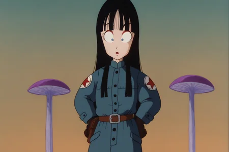 source_anime, score_9, score_8_up, score_7_up, anime screencap,8k, absurd res,
mai \(dragon ball\), solo, long hair, bangs, black hair, belt, blunt bangs, sweatdrop, glowing, tree, hands on hips, dark, 1980s \(style\), anime coloring, blue coat, constricted pupils, gloves, pouch, raised eyebrows, retro artstyle, military uniform, military, upper body, wide-eyed, symbol, star symbol, print sleeves
 <lora:maiDB_pony_v1:0.8>