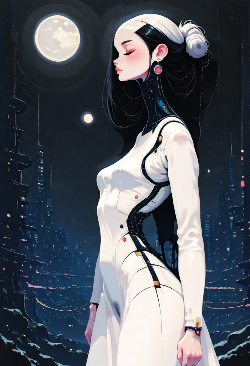 masterpiece, best quality, good quality, very awa, newest, highres, absurdres, no lineart, no outline, 1girl, solo, black hair, dress (silhouette of curvy body with small breasts and thick pubic hair visible through translucent dress), closed mouth, jewelry, standing, closed eyes, outdoors, earrings, sky, hair bun, from side, lips, profile, night, moon, single hair bun, building, wind, night sky, full moon, backlighting, city, arms at sides, cityscape, updo, city lights, huge moon, (monochrome, negative space), white background, white theme, painterly, fine art, hiz_ai, in the style of cknc, wat,
