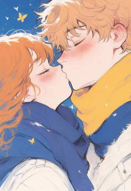 hu99y, score_9,score_8_up,score_7_up, 1girl, 1boy, close-up portrait, bangs, kiss, yellow butterfly, snowing, long hair, short hair, blonde hair, ginger hair, yellow scarf, blue scarf, white coat, yellow background, closed eyes, blush, loose brushstrokes, crayon sketch, traditional art, textured background, pastel colors