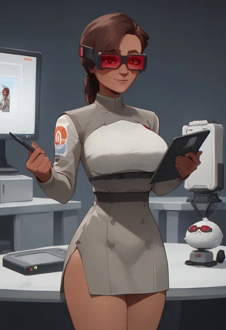 score_9, score_8_up, score_7_up, Expressiveh, best quality, pretty girl, ((18 year old)), tan skin, nice thighs, emeriekarr, red-tinted goggles, grey outfit, dark-skinned woman, brown ponytail hair,small waist, round breasts, natural breasts, long eyelashes, cute face, cute smile, ((reddit)), low quality, raw, film grain, standing, posing, sfw, in a futuristic lab, syringes on table, computer screens, holding a tablet