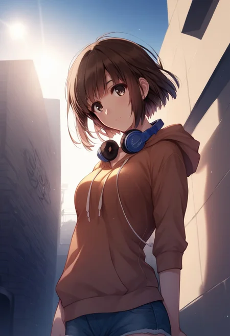 safe_pos, score_9, score_8_up, score_8, score_7_up, score_7, source_anime,
1girl, katou megumi, Megumi <lora:KatoMegumi:1>,brown hair,katou megumi,brown eyes, short hair , medium breasts, masterpiece, best quality, casual urban streetwear, modern city setting, oversized hoodie (lavender), denim shorts, white sneakers, headphones around neck,  urban graffiti wall in the background, dynamic walking pose, wind blowing hair slightly, deadpan, soft sunlight, golden hour lighting, vibrant yet natural colors, slightly tilted angle, casual and relaxed atmosphere, lens flare, dynamic angle, looking at viewer