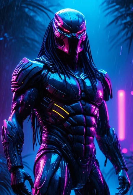 A cinematic 50mm face-focus shot of Predator from Predator, with high detailed and beautiful eyes, in a macabre style, set in a mystical fog-covered forest, a dynamic dying pose and an scared expression and half dressed, rating questionable. The scene is illuminated by Vibrant sunset gradient, enhancing the melancholic atmosphere. raindrops glistening under neon lights. Vivid, halftone textures merge with sharp, ultra-HD details, creating a captivating blend of retro pop-art energy and modern realism. Every feature is carefully sculpted, preserving the soul of the subject in exquisite resolution., <lora:add-detail-xl:1>, <lora:JuggerCineXL2:0.75>, Jed-Cypnk, <lora:CyberpunkStyle:0.8>, eyeshd, <lora:Eyes_High_Definition:1>,