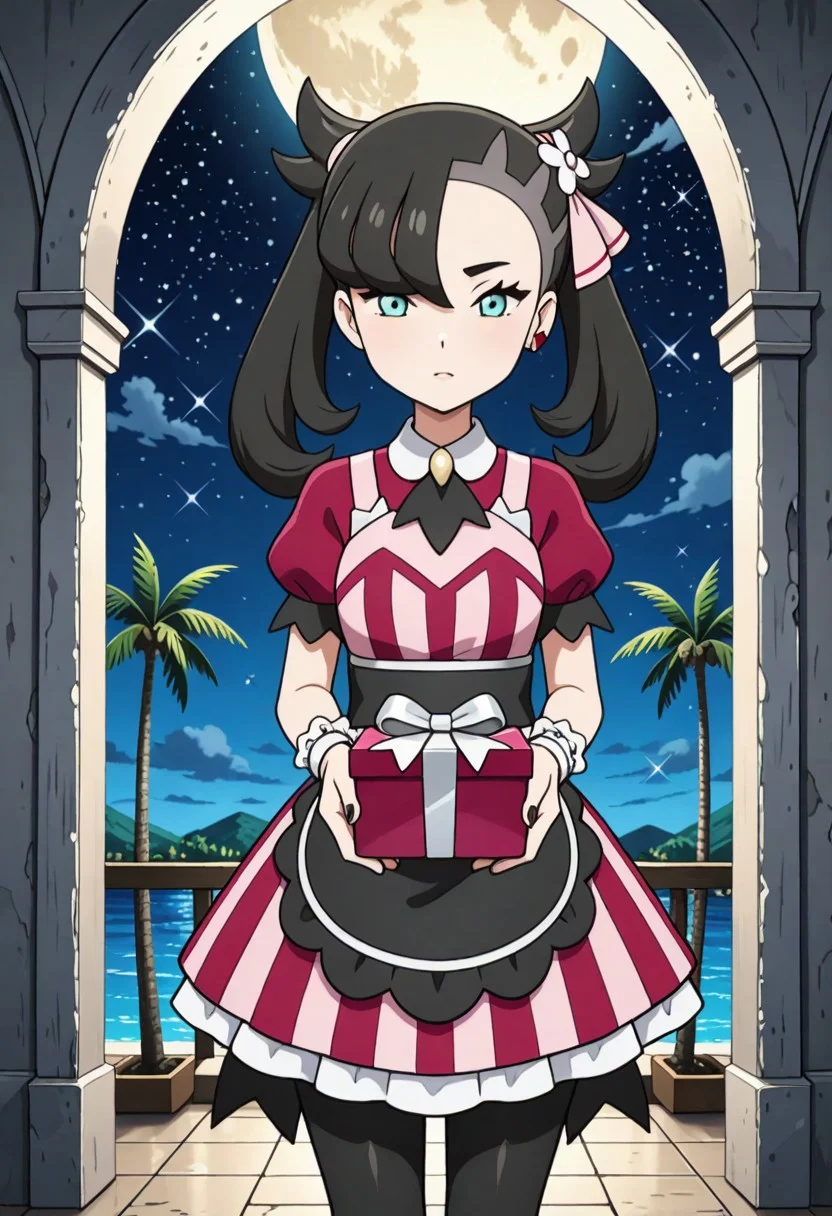 2d, masterpiece, best quality, amazing quality, highres, absurdres, newest, 1girl, solo, standing, night, starry sky, moon, colorful, palm tree, landscape, upper body, close-up, mature female, grown-up, adult body, wide-hips, aged up, palmarnie, marnie \(pokemon\), green eyes, black hair, asymmetrical bangs, medium hair, twintails, single earring, black nails, hair ribbon, pink ribbon, hair flower, white flower, collared dress, striped dress, puffy short sleeves, black ascot, wrist cuffs, waist apron, black apron, black pantyhose, multicolored dress, red dress, pink dress, leaning forwatd, looking at viewer, holding gift, incoming gift