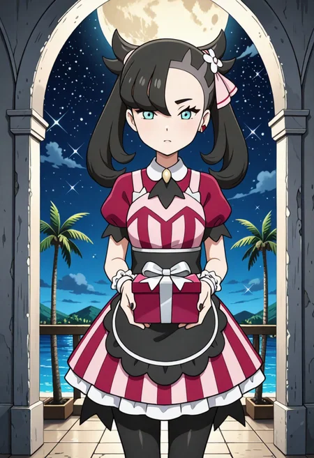 2d, masterpiece, best quality, amazing quality, highres, absurdres, newest, 1girl, solo, standing, night, starry sky, moon, colorful, palm tree, landscape, upper body, close-up, mature female, grown-up, adult body, wide-hips, aged up, palmarnie, marnie \(pokemon\), green eyes, black hair, asymmetrical bangs, medium hair, twintails, single earring, black nails, hair ribbon, pink ribbon, hair flower, white flower, collared dress, striped dress, puffy short sleeves, black ascot, wrist cuffs, waist apron, black apron, black pantyhose, multicolored dress, red dress, pink dress, leaning forwatd, looking at viewer, holding gift, incoming gift