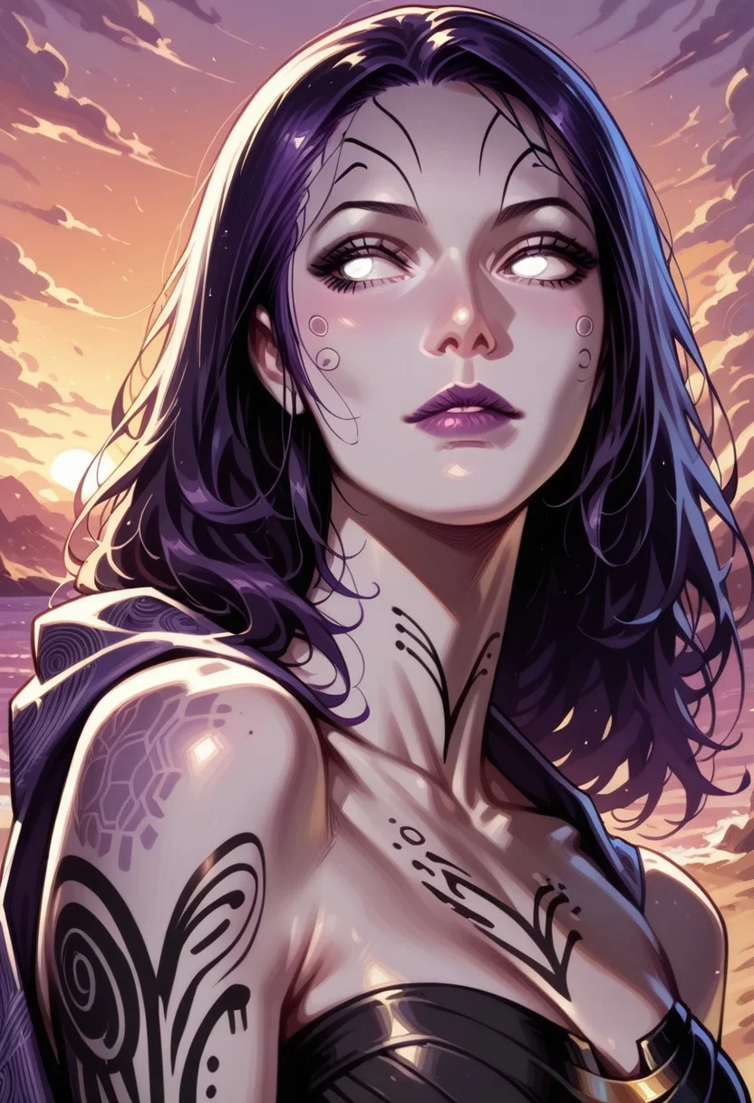 <lora:Tali:1> tali, face, white eyes, beautiful woman. black long hair, sunset, chest, pinkish skin, purple atmosphere (Smile:0.4), looking to the left, profile, tattoos, face tattoos, score_9, score_8_up, score_7_up, score_6_up, 2d, digital art, masterpiece, PollyStyleMix