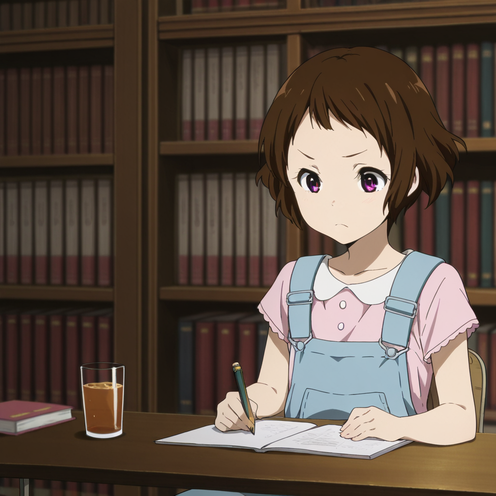 masterpiece, best quality, amazing quality,1girl, solo,  kotenbu_series_lbara_mayaka, sitting, read, short hair, brown hair, overalls, pencil, purple eyes, frown, table, drink, library, <lora:Ibara_Mayaka_-_Kotenbu_Series:0.7>