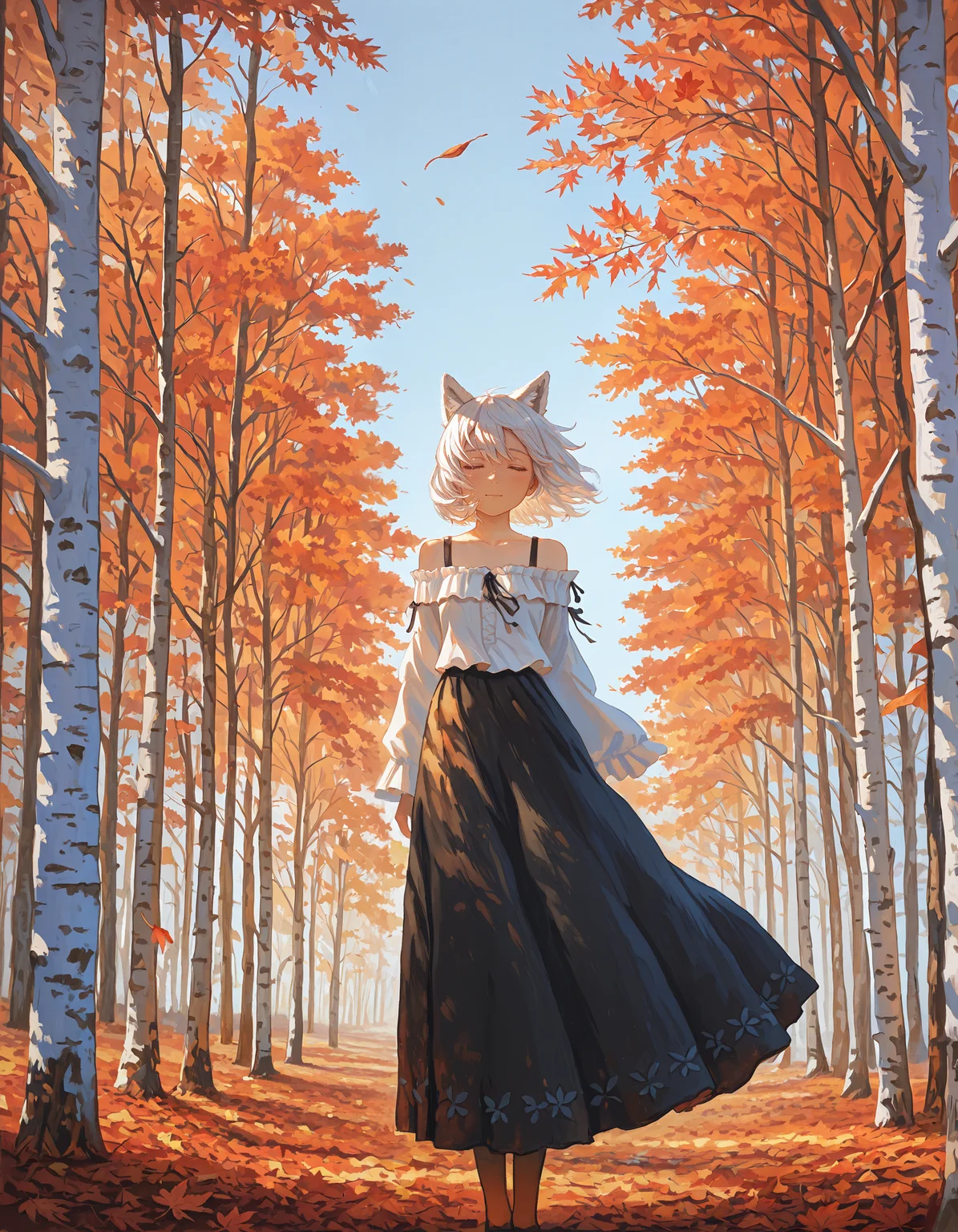 intricate details,masterpiece, very aesthetic, absurdres,oil painting \(medium\),brush stroke, painting \(medium\), painting,<lora:fjsmu:1>,fj7mu_illu, 1girl, solo, autumn forest, animal ears, wolf ears, white hair, short hair, hair blowing in the wind, detailed eyes, white blouse, ruffled blouse, off-shoulder, black skirt, red gradient, long skirt, standing, birch trees, autumn leaves, vibrant colors, orange foliage, blue sky, sunlight filtering through trees, painterly style, serene expression, wind effect, scenic background, peaceful atmosphere