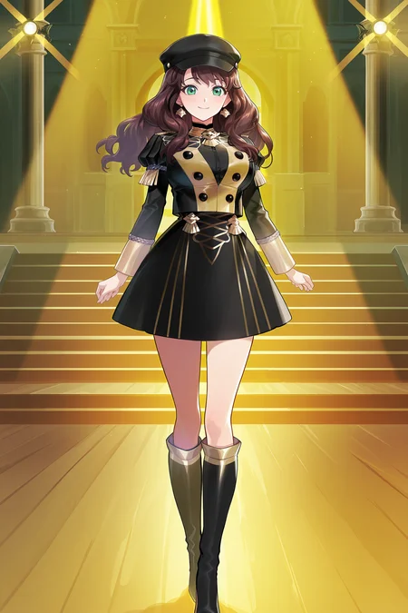 anime screencap, anime coloring, detailed face, masterpiece, best quality, very aesthetic, absurdres, volumetric lighting, official style, amazing quality, ultra detailed, highres, amazing quality, scenery, beautiful detailed hair, beautiful detailed eyes,
<lora:StS-Illustrious-Detail-Slider-v1.0:4>
on a stage, spotlights,
<lora:Fire_Emblem_Heroes_art_style:1>
Dorothea daring ex-singer (outfit), Dorothea (FE heroes), FE heroes style, 1girl, solo, garreg mach monastery uniform, jewelry, full body, boots, large breasts, hat,
looking at the viewer, cowboy shot, smile