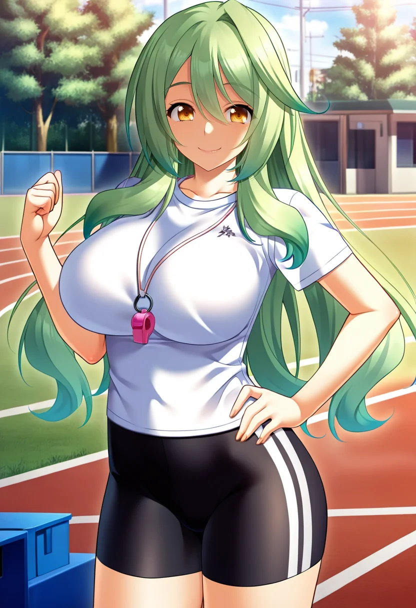 masterpiece, best quality, amazing quality,kaho ootani, yellow eyes, green hair, long hair, mature female, 1girl, solo, breasts,black bike shorts, large breasts,whistle, short sleeves, white t-shirt,,closed mouth, smile, standing,hand on own hip, looking at viewer, cowboy shot, thighs, outdoors, track and field, tree, gras<lora:kaho ootaniV1:1>