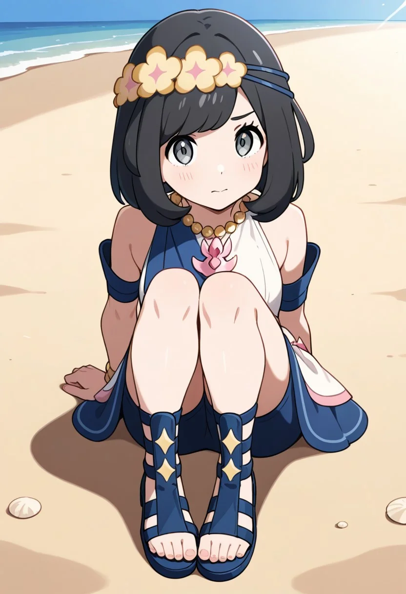 2d, masterpiece, best quality, amazing quality, 1girl, solo, close-up, sitting, knees up, full body, foot focus, looking at viewer, multicolored background, sparkle, beach, sand, sky, sunny day, masterpiece, best quality, amazing quality, highres, absurdres, newest, toes, toe scrunch, blushing, ncselene, grey eyes, black hair, short hair, bangs, flower wreath, head wreath, bead necklace, sleeveless dress, blue dress, white dress, bare shoulders, armlet, bracelet, sandals, toes, blue footwear