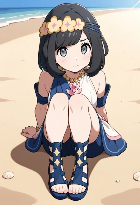 2d, masterpiece, best quality, amazing quality, 1girl, solo, close-up, sitting, knees up, full body, foot focus, looking at viewer, multicolored background, sparkle, beach, sand, sky, sunny day, masterpiece, best quality, amazing quality, highres, absurdres, newest, toes, toe scrunch, blushing, ncselene, grey eyes, black hair, short hair, bangs, flower wreath, head wreath, bead necklace, sleeveless dress, blue dress, white dress, bare shoulders, armlet, bracelet, sandals, toes, blue footwear