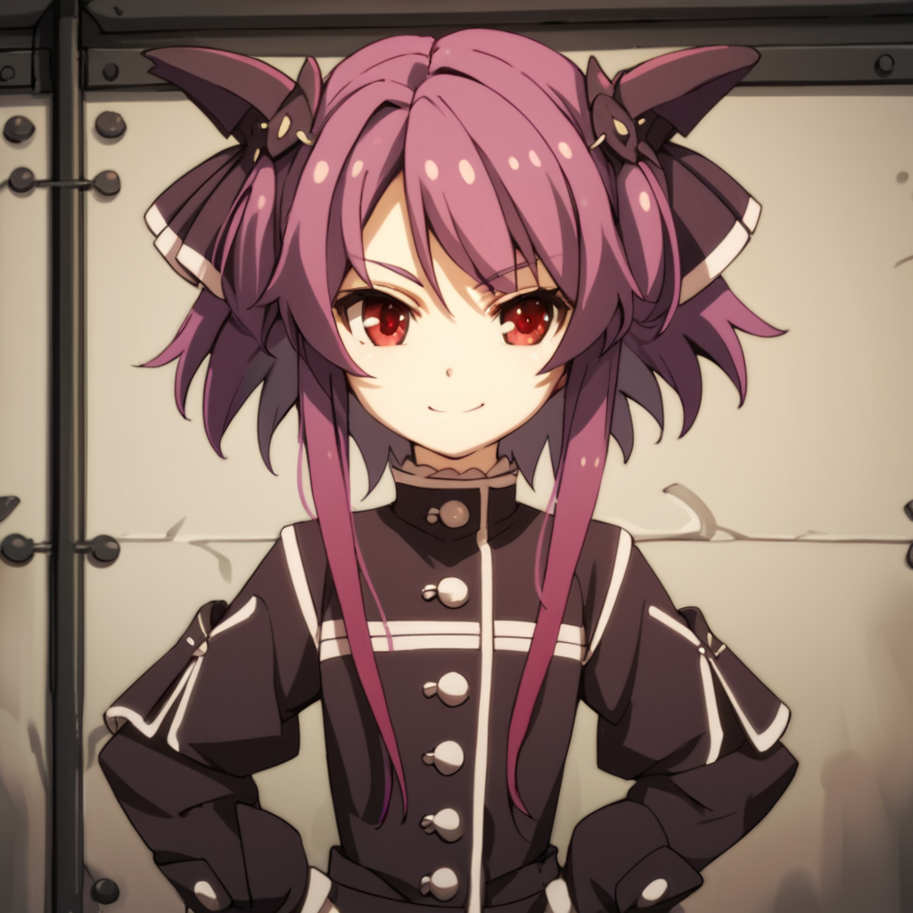 score_9, score_8_up, score_7_up, score_6_up, score_5_up, score_4_up, source_anime, , Pest, purple hair, red eyes, short hair, two side up, short hair with long locks, , soft smile, standing, hands on hips
